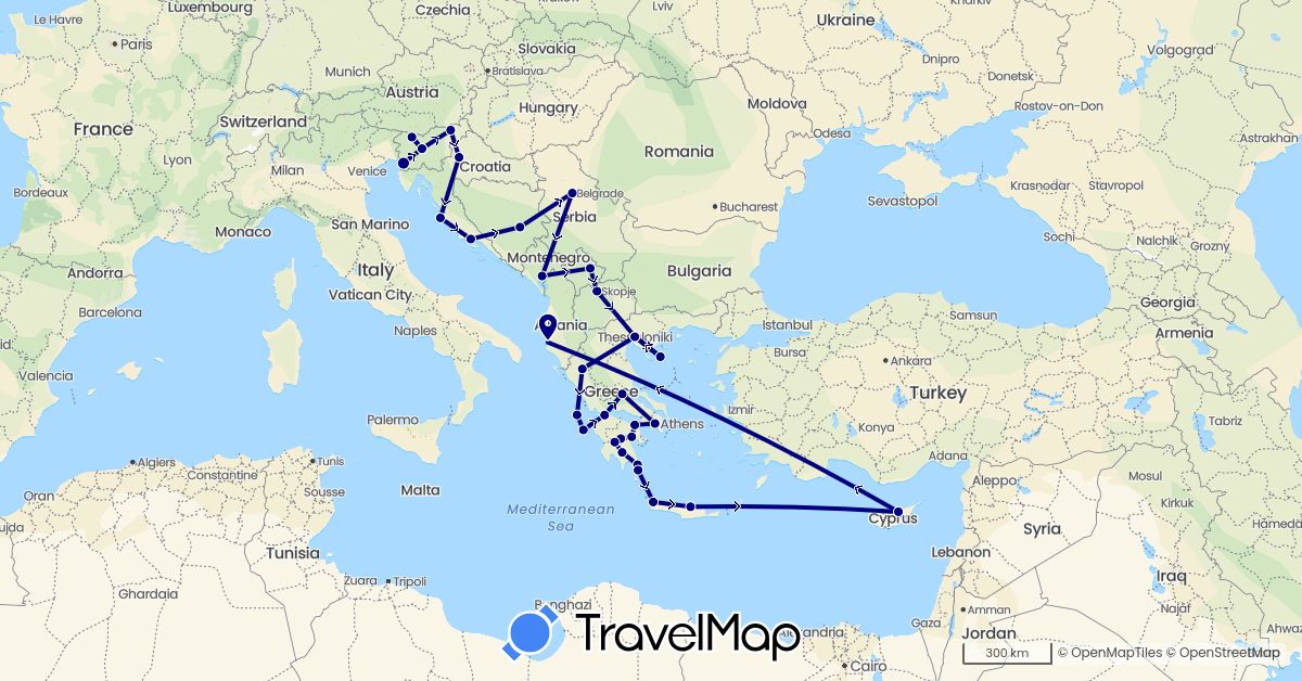 TravelMap itinerary: driving in Albania, Bosnia and Herzegovina, Cyprus, Greece, Croatia, Italy, Montenegro, Macedonia, Serbia, Slovenia, Kosovo (Asia, Europe)